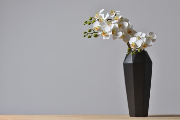 Bouquet d'orchidées blanches dans un vase noir