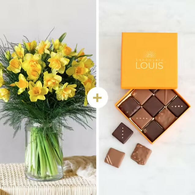 Bouquet de jonquilles et coffret de chocolats Louis
