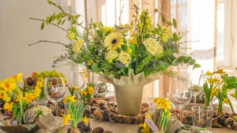 table de Pâques décorée avec des fleurs printanières
