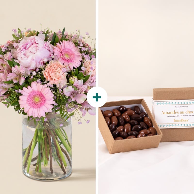 Coffret bouquet de fleurs et amandes au chocolat