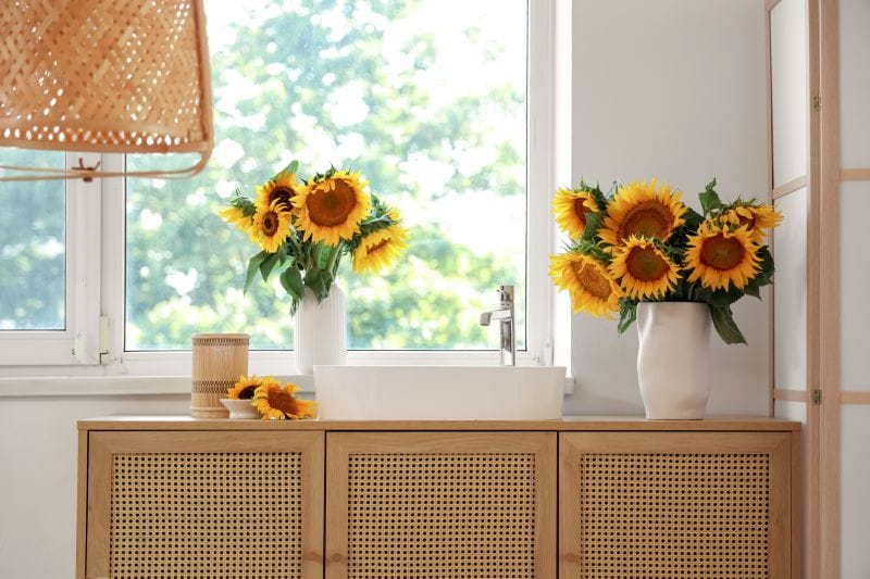 Des bouquets de tournesols en vase avec la tête baissée