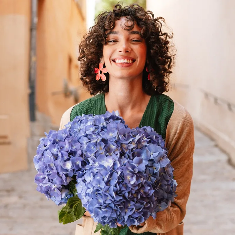 Bouquet d'hortensias bleus tenu par une femme souriante