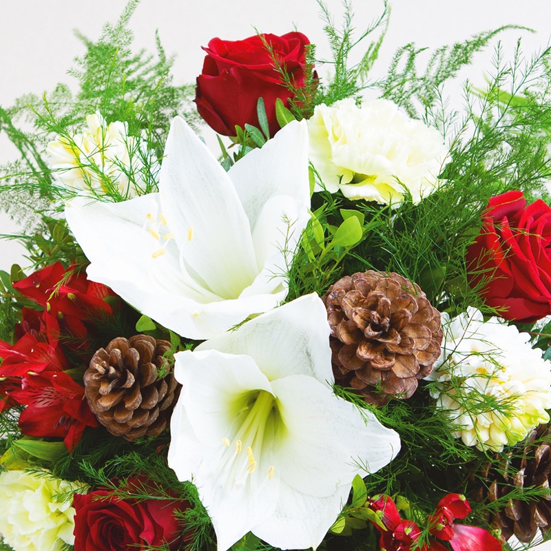 Bouquet d'amaryllis, roses et pommes de pin