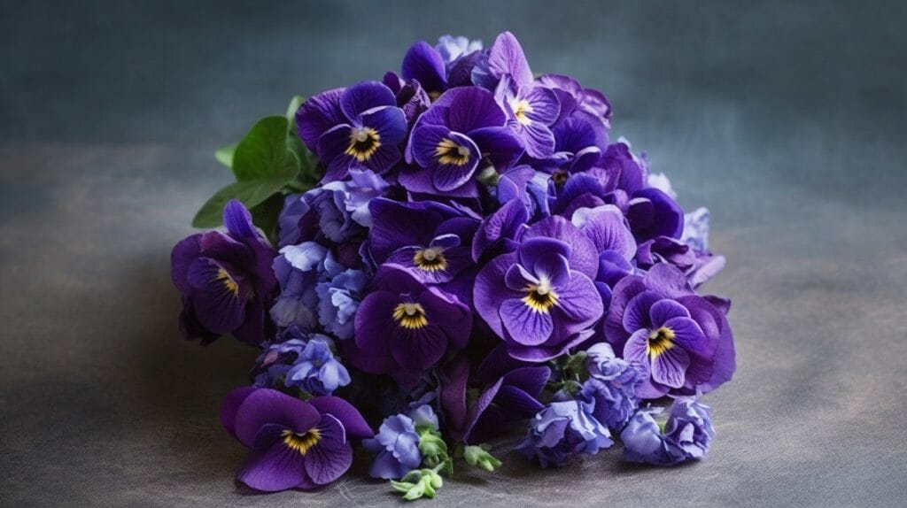 Un bouquet de violettes captivant, capturé dans le style de la photographie hyperréaliste. Le bouquet est abondant, avec des violettes en pleine floraison, dont les pétales sont d'un violet riche et profond. Les couleurs sont intenses et saturées, les teintes naturelles des violettes se détachant sur un arrière-plan doux et flou. L'éclairage est naturel et doux, mettant en valeur les textures délicates des pétales et des feuilles.