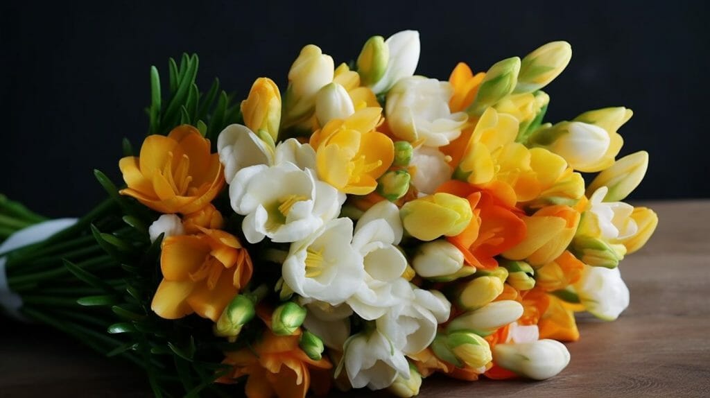 Un superbe bouquet de freesias, capturé dans le style de la photographie hyperréaliste. Le bouquet est plein et luxuriant, les freesias étant en pleine floraison, leurs pétales vibrant et baignés de rosée. Les couleurs sont riches et saturées, les teintes naturelles de jaune, de blanc et de violet des freesias se détachant sur un arrière-plan doux et flou. L'éclairage est naturel et doux, mettant en valeur les textures délicates des pétales et des feuilles.