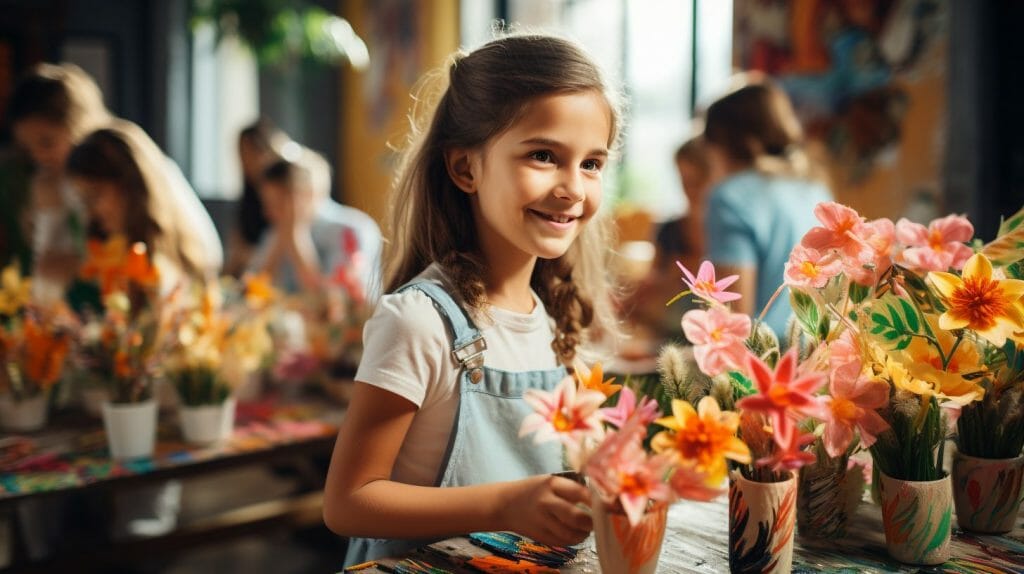 Les enfants font de l'artisanat et dessinent des plantes dans le cadre d'un cours d'art créatif en colonie de vacances.