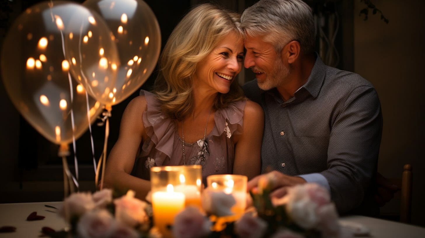 Un couple âgé, un homme et une femme qui fêtent leur anniversaire de mariage autour d'une table richement décorée avec des ballons et des bougies, dans une ambiance chaleureuse