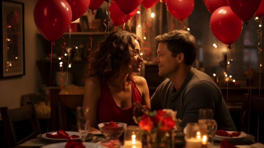 Un couple qui fête leur anniversaire de mariage autour d'une table richement décorée avec des ballons rouges et des bougies, dans une ambiance romantique et lumineuse