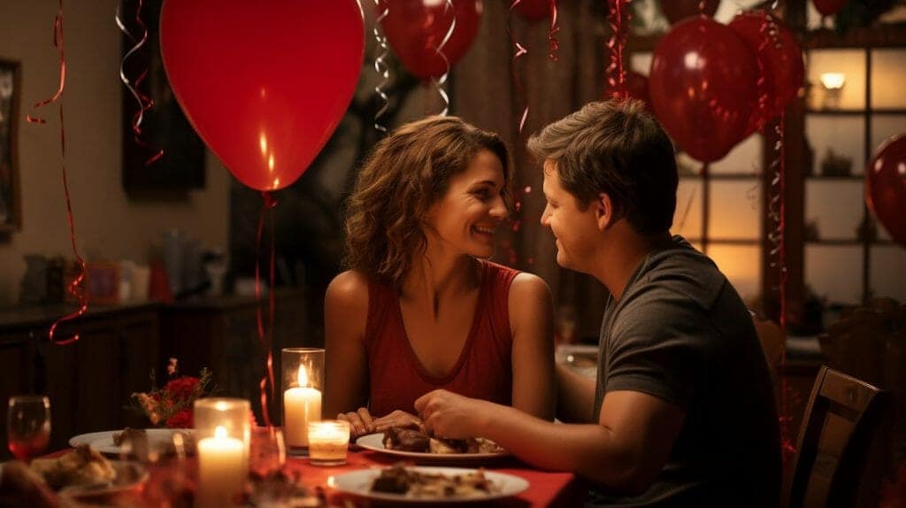 Un couple, un homme et une femme qui fêtent leur anniversaire de mariage autour d'une table richement décorée avec des ballons rouges et des bougies, dans une ambiance romantique
