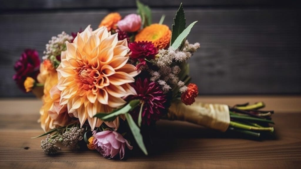 Gros plan du bouquet d'une mariée, avec des dahlias comme attraction principale. Le bouquet doit reposer sur une table en bois vintage, la texture rustique du bois servant de toile de fond à la douceur des fleurs.