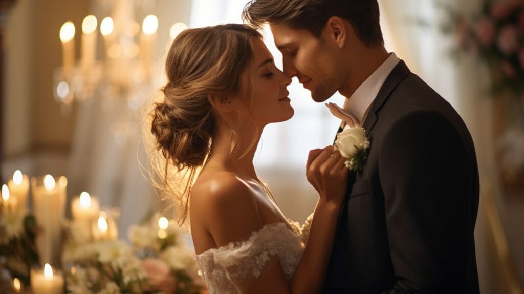 Mariés sur le point de s'embrasser dans une atmosphère romantique