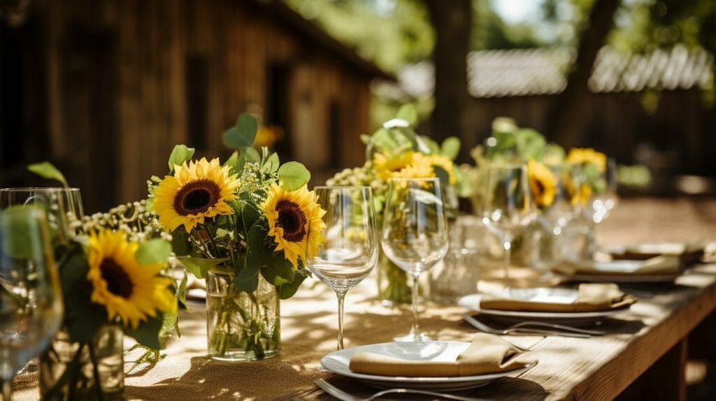 Table de mariage champêtre décorée avec des bouquets de tournesol
