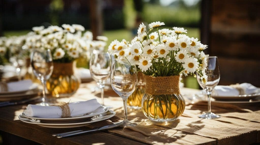Table de mariage décorée de bouquets de marguerites
