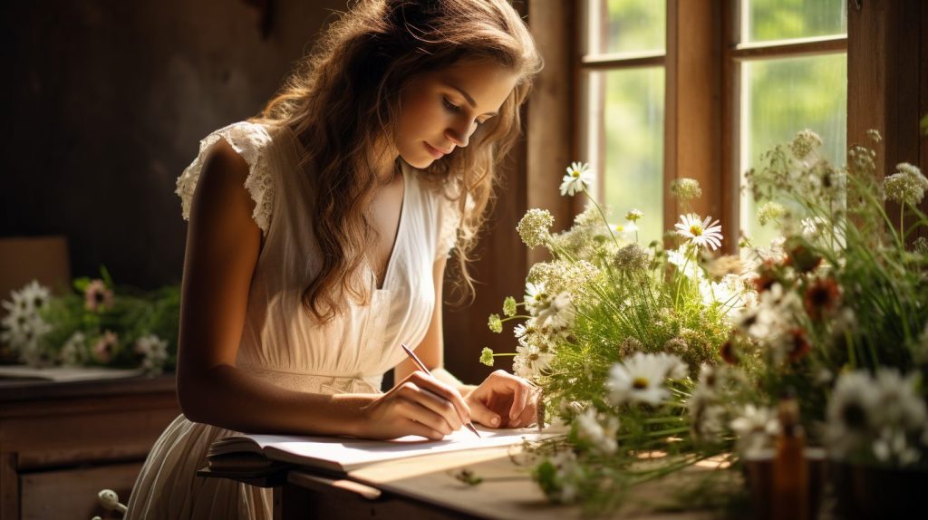 Jeune femme qui écrit un faire-part de mariage dans son bureau, entourée de fleurs des champs
