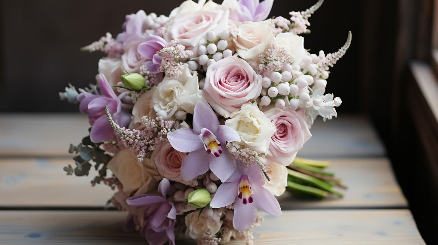 Bouquet de la mariée composé de roses, de pivoines et de lys roses.