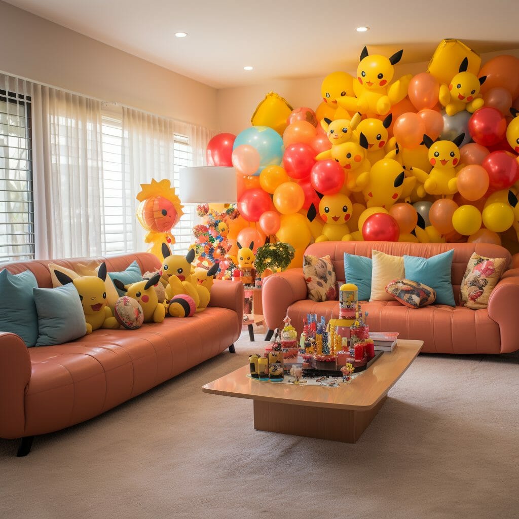 Salon décoré pour un anniversaire dans le thème Pokémon