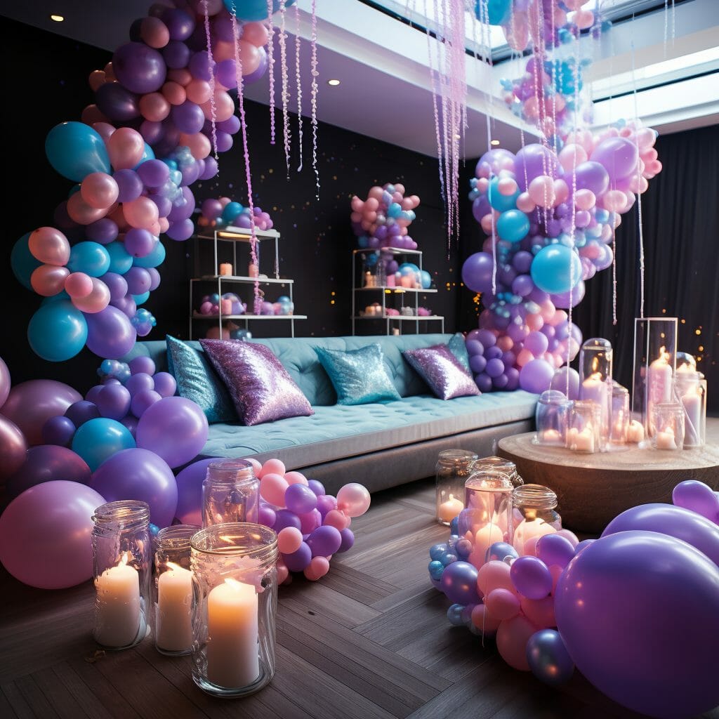 Salon décoré pour un anniversaire dans le thème Sirène