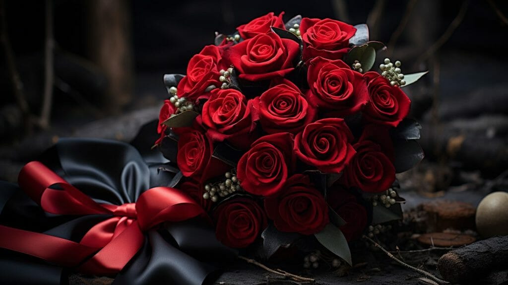 Bouquet de roses rouges avec un ruban noir