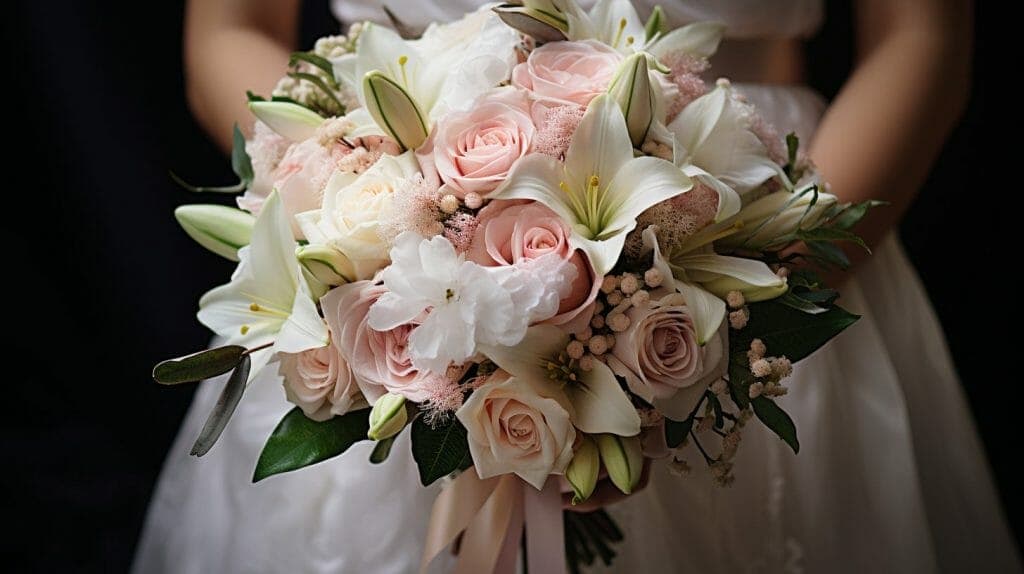 Mariée tenant son bouquet de mariée composé de lys et de roses