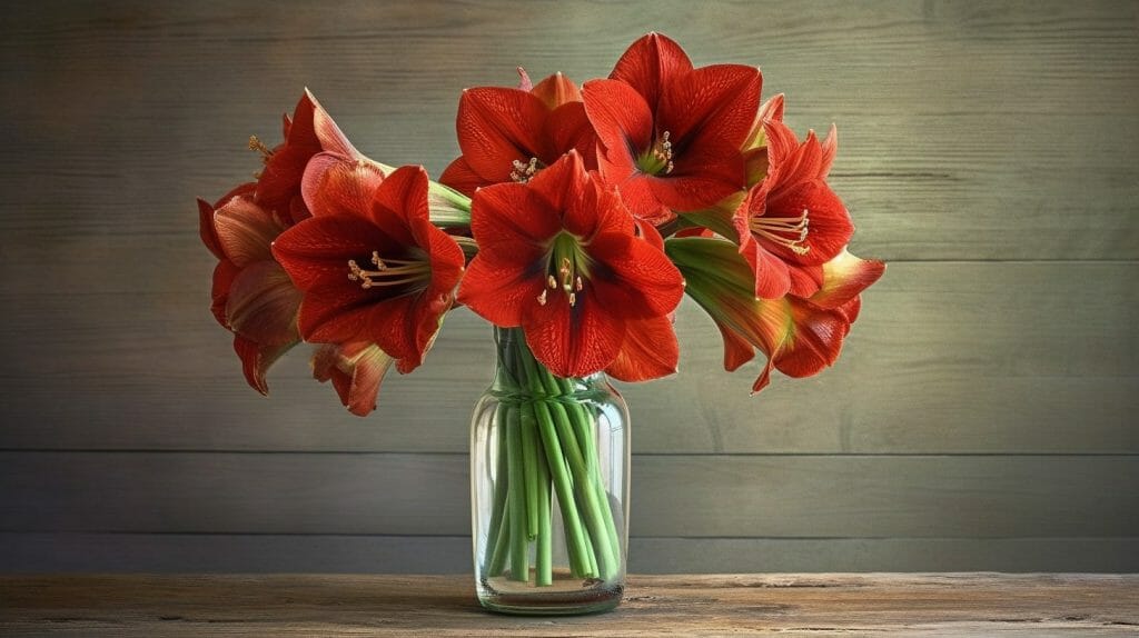 Un bouquet captivant d'amaryllis, capturé dans le style de la photographie hyperréaliste, placé sur une table en bois ensoleillée. Le bouquet est plein et luxuriant, avec les amaryllis en pleine floraison, dont les pétales sont d'un rouge vibrant. Les couleurs sont intenses et saturées, les teintes naturelles de l'amaryllis se détachant sur les tons chauds de la table en bois. L'éclairage est naturel et lumineux, mettant en valeur les textures délicates des pétales, des feuilles et du grain de bois de la table.