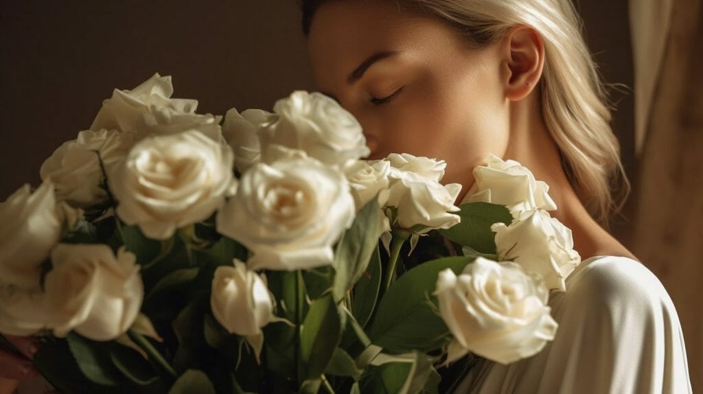 Une image captivante d'une femme tenant et sentant un bouquet de roses blanches, capturée dans le style de la photographie hyperréaliste. Le visage de la femme n'est pas visible, ce qui concentre l'attention du spectateur sur le bouquet et l'interaction de la femme avec celui-ci. Les roses sont en pleine floraison, leurs pétales d'un blanc immaculé contrastant magnifiquement avec la tenue de la femme. Les couleurs sont intenses et saturées, les teintes naturelles des roses se détachant sur un arrière-plan doux et flou.