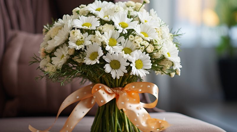 Bouquet de fleurs de pâquerettes entouré d'un ruban