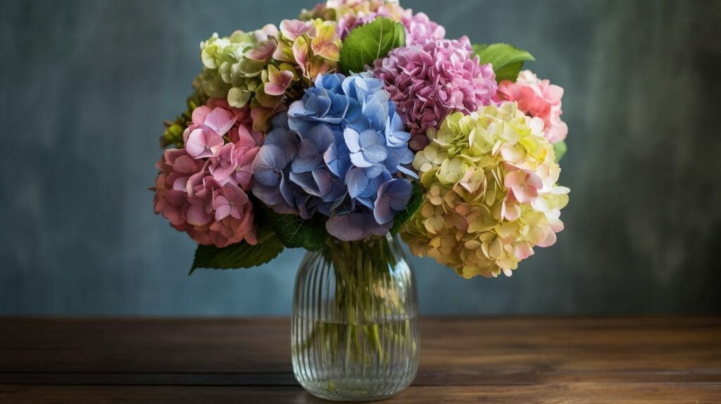 Un superbe bouquet d'hortensias, capturé dans le style de la photographie hyperréaliste. Le bouquet est plein et luxuriant, avec les hortensias en pleine floraison, dont les pétales sont un mélange de bleus, de roses et de blancs doux. Les couleurs sont riches et saturées, les teintes naturelles des hortensias se détachant sur un arrière-plan doux et flou. L'éclairage est naturel et doux, mettant en valeur les textures délicates des pétales et des feuilles.