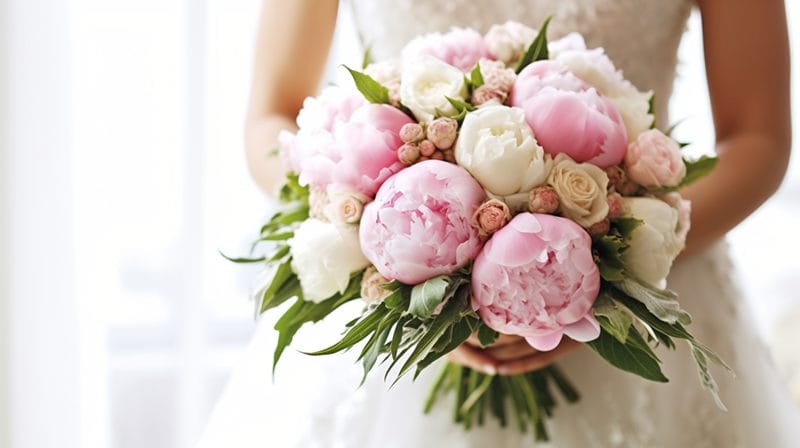 Mariée tenant un bouquet de pivoines roses et blanches