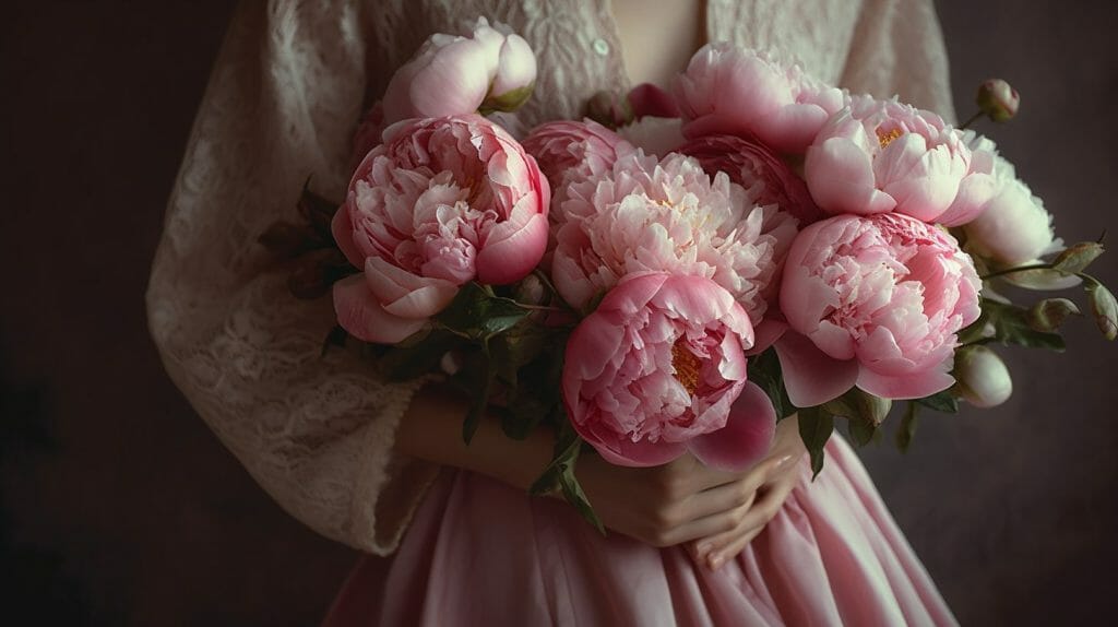 Image envoûtante d'une femme tenant un bouquet de pivoines, rendue dans le style d'une photographie ultra-détaillée. La femme est vêtue d'une tenue simple mais élégante, ses mains tenant délicatement le bouquet. Les pivoines sont en pleine floraison, leurs pétales d'un rose et d'un blanc éclatants se détachant sur la tenue de la femme. La palette est un mélange des couleurs naturelles des pivoines et des vêtements de la femme, sur un fond neutre et flou. L'éclairage est doux et diffus, projetant des ombres légères et mettant en valeur les détails complexes des fleurs, des mains de la femme et de ses vêtements.