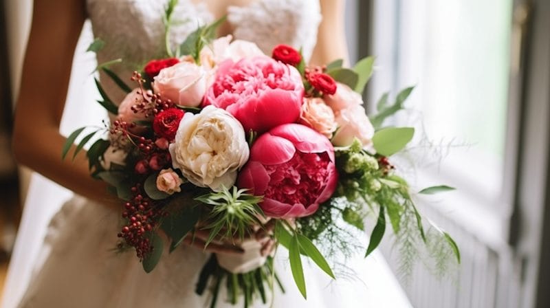 Mariée tenant un bouquet de pivoines rond