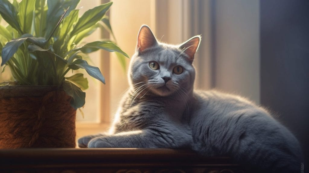 Chat British Shorthair assis à côté d'une plante verte