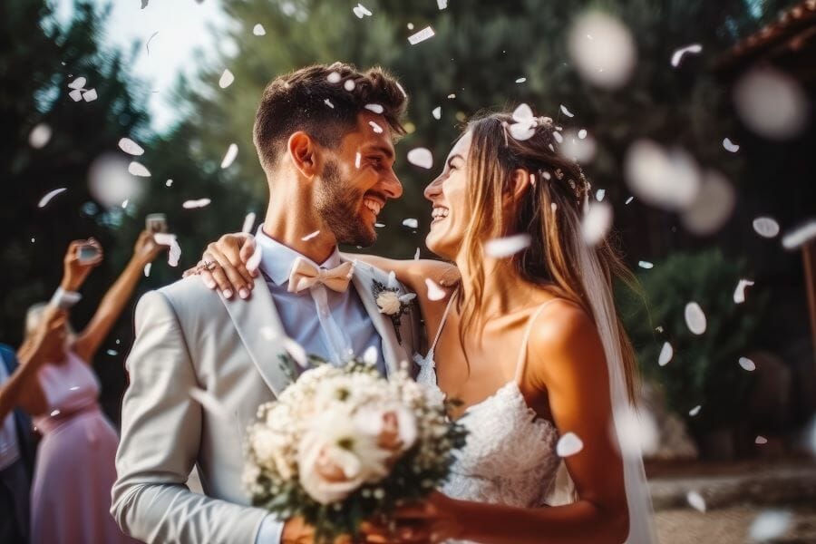 Deux mariés se regardent en tenant un bouquet de fleurs