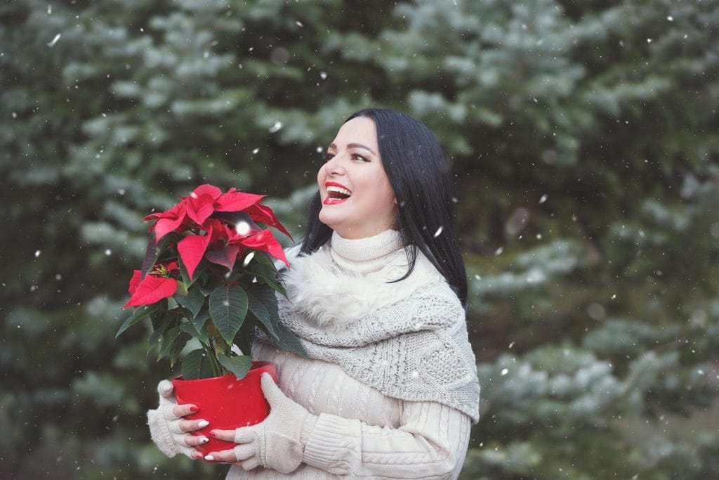 Femme souriante sous la neige qui porte un pot avec un poinsettia
