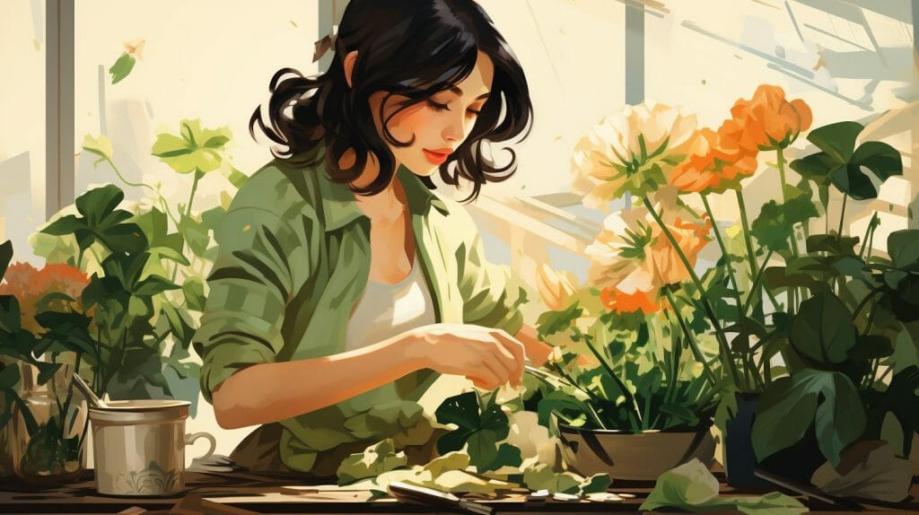 Jeune femme qui prend soin de ses plantes dans un style illustrationnel