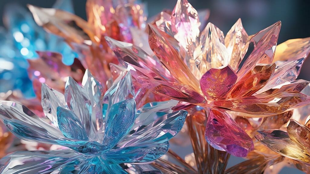 Une image envoûtante de superbes fleurs de cristal, rendue dans le style d'une photographie ultra-détaillée. Les fleurs sont fabriquées de manière experte, leurs facettes reflétant la lumière et créant un kaléidoscope de couleurs. La palette est un mélange des couleurs naturelles du cristal sur une toile de fond neutre et floue. L'éclairage est doux et diffus, projetant des ombres légères et mettant en valeur les détails complexes des fleurs.
