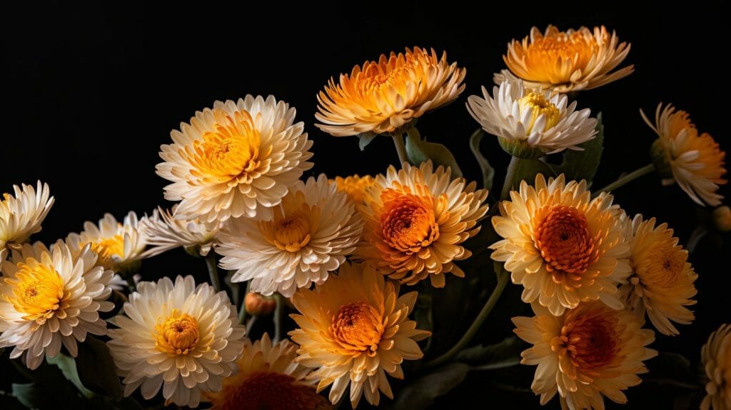 Une image captivante d'immortelles (Bracteantha bracteata), capturée dans le style de la photographie hyperréaliste. Les marguerites sont en pleine floraison, leurs pétales d'un jaune et d'un orange éclatants se détachant sur un arrière-plan doux et flou. Les couleurs sont intenses et saturées, les teintes naturelles des marguerites créant une palette chaleureuse et accueillante. L'éclairage est naturel et doux, mettant en valeur les textures délicates des pétales et des feuilles.