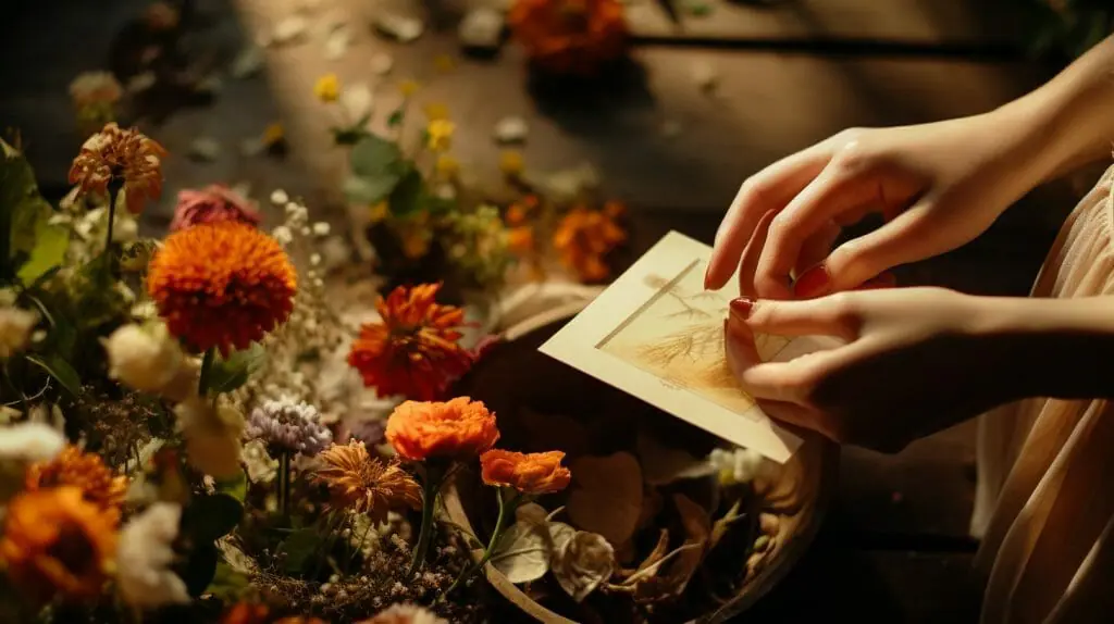 Femme qui décore une carte d'anniversaire avec des fleurs séchées