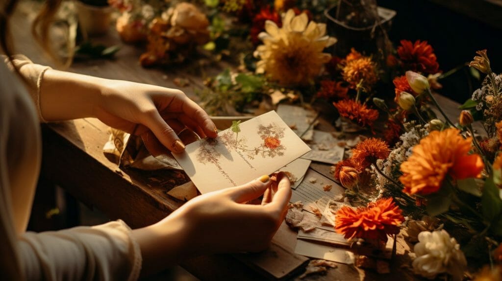 Femme qui colle des fleurs séchées sur une carte d'anniversaire