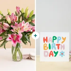 Brassée de lys et sa carte message Joyeux anniversaire