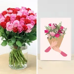 Brassée de roses et sa carte message Octobre rose