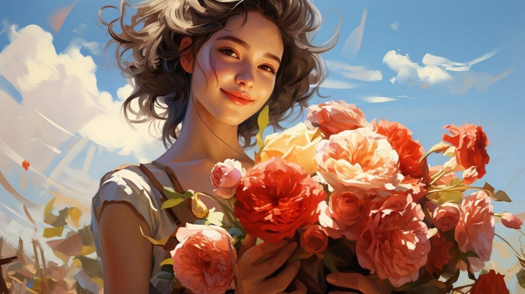 Jeune femme souriante tenant un bouquet de roses dans un style illustrationnel