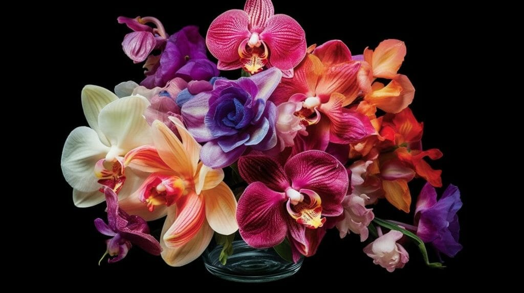 Une image captivante d'un bouquet d'orchidées exotiques, capturée dans le style de la photographie hyperréaliste. Le bouquet est plein et luxuriant, avec les orchidées en pleine floraison, leurs pétales étant un mélange vibrant de pourpres, de roses et de blancs. Les couleurs sont intenses et saturées, les teintes naturelles des orchidées se détachant sur un arrière-plan doux et flou. L'éclairage est naturel et doux, mettant en valeur les textures délicates des pétales et des feuilles.