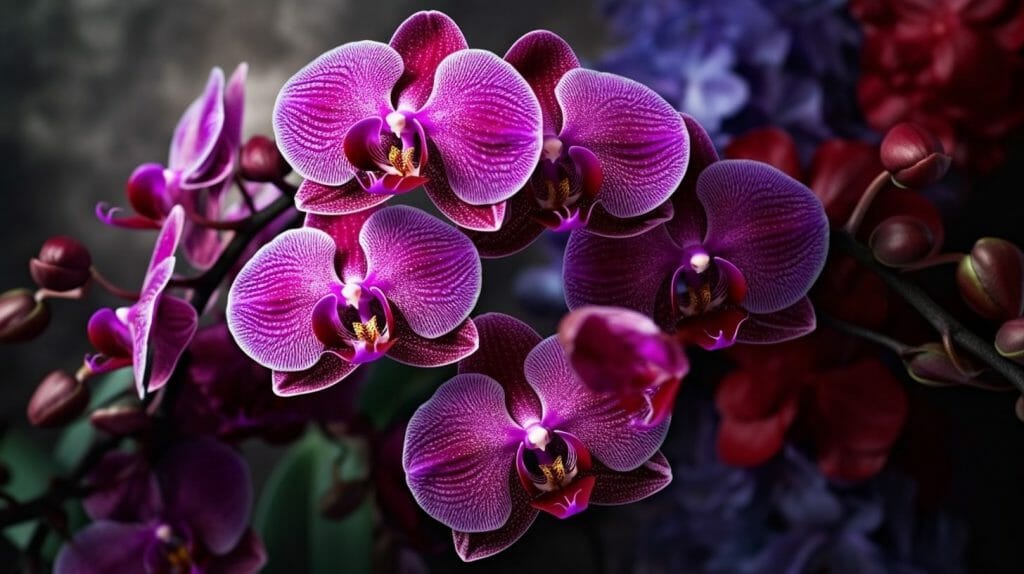 Une image envoûtante d'orchidées élégantes et sophistiquées, rendue dans le style de la photographie ultra-détaillée. Les orchidées sont en pleine floraison, leurs couleurs vibrantes et leurs formes uniques créant un contraste saisissant sur une toile de fond neutre et floue. La palette est un mélange des couleurs naturelles des orchidées - des violets profonds, des roses vifs et des blancs doux. L'éclairage est doux et diffus, projetant des ombres légères et mettant en valeur les détails complexes des fleurs.