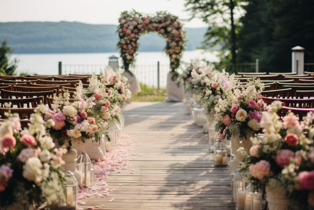 Compositions florales de mariage sur une grande table