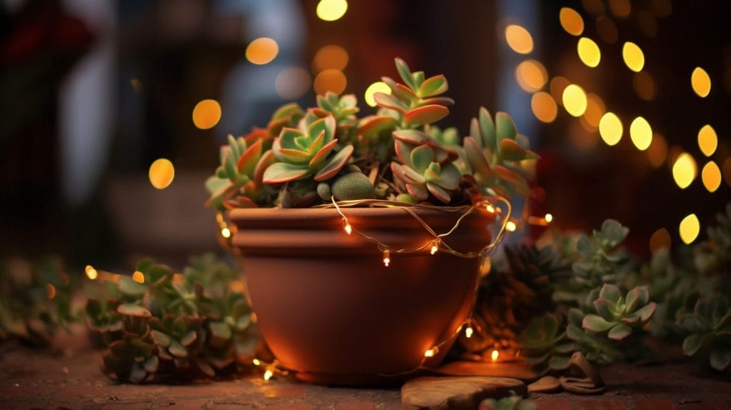 Pot de fleurs décoré pour Noël avec une guirlande lumineuse