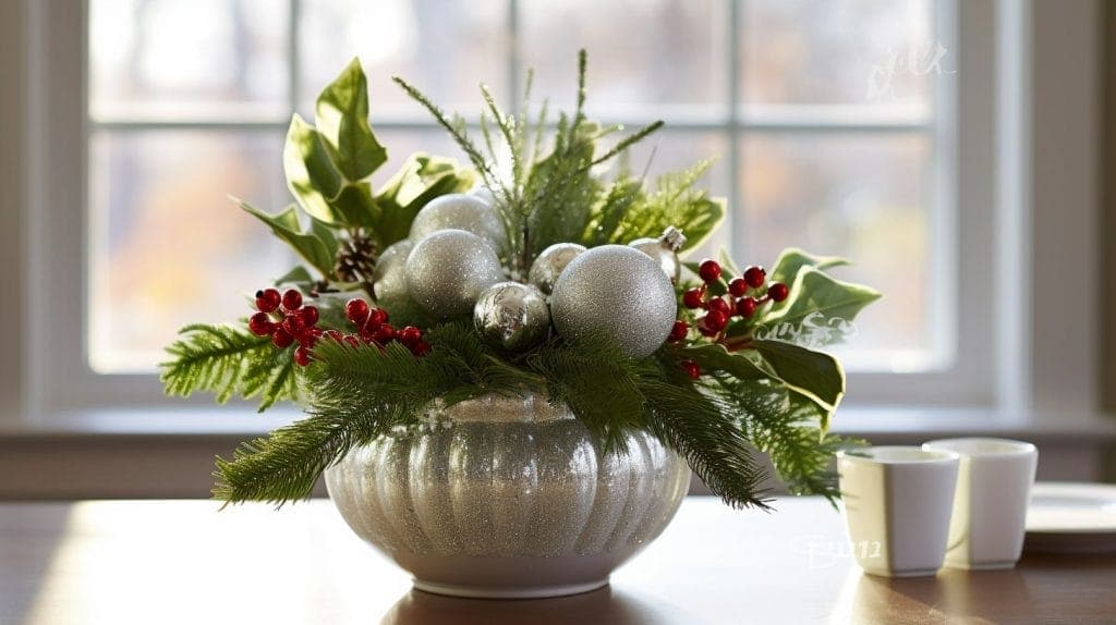 Pot de fleurs décoré avec des boules de Noël et des paillettes
