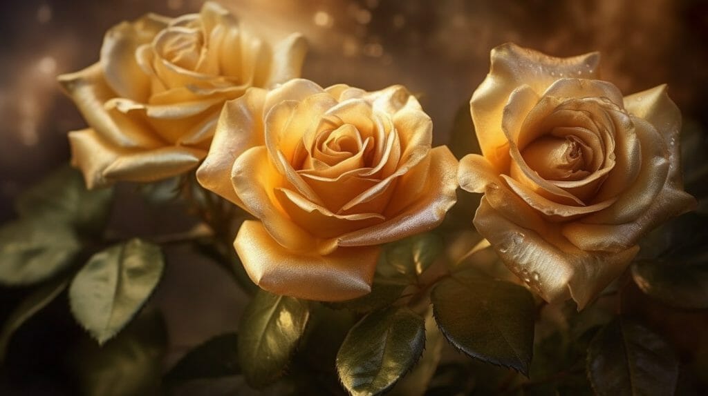 Une image captivante de roses dorées, capturée dans le style de la photographie hyperréaliste. Les roses sont en pleine floraison, leurs pétales sont d'un or chatoyant qui capte la lumière. Les couleurs sont intenses et saturées, les teintes dorées des roses se détachant sur un arrière-plan doux et flou. L'éclairage est naturel et doux, mettant en valeur l'éclat métallique des pétales.