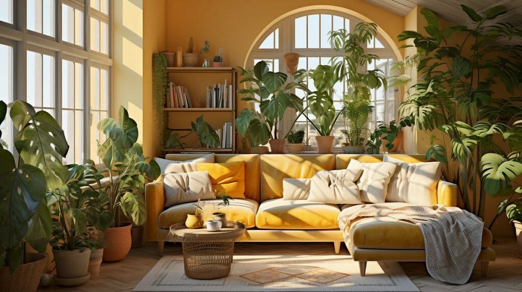 Salon cozy et ensoleillé avec des plantes vertes disposées autour d'un canapé jaune et moelleux, rempli de coussins beiges et d'un plaid beige