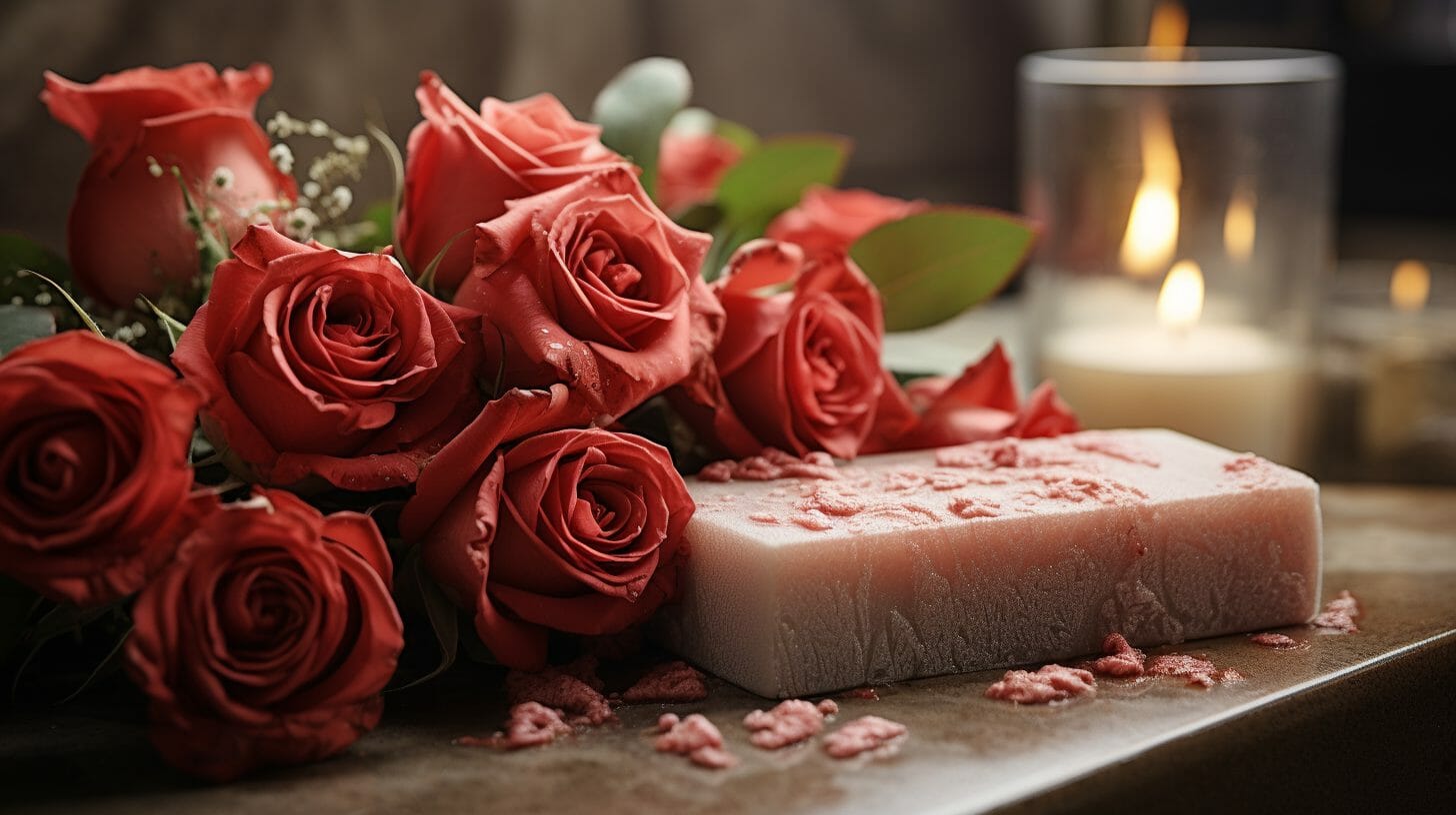 Savon à la rose avec un bouquet de roses rouges et une bougie disposés à côté du savon dans une salle de bain