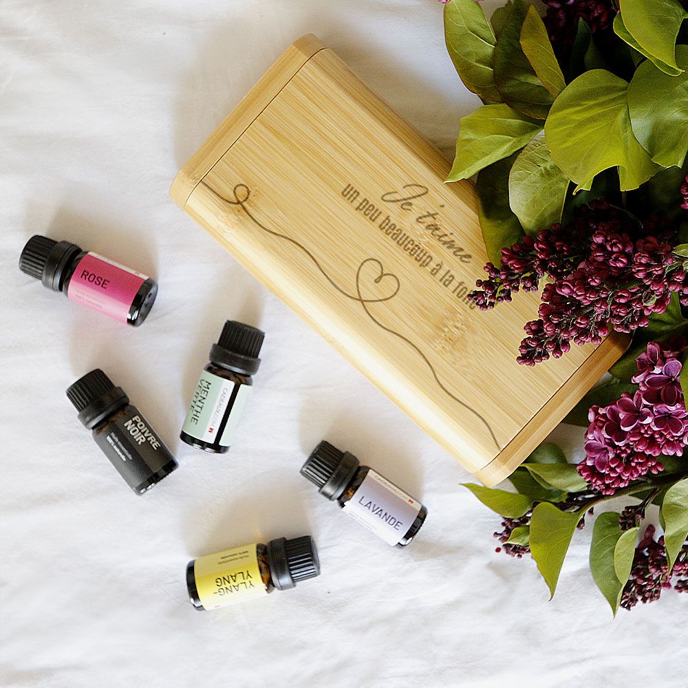 Coffret d'huiles essentielles personnalisé en bois